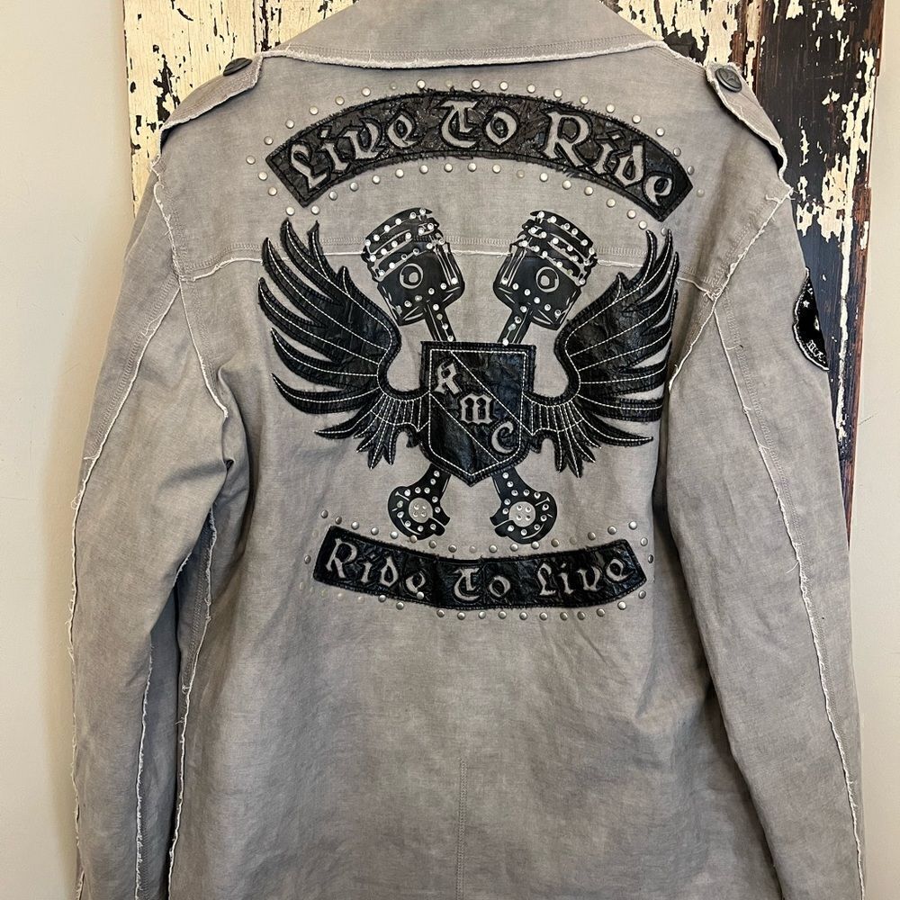 NWOT RMC patch embroidered Live To Ride Ride To Live long motorcycle jacket. XL